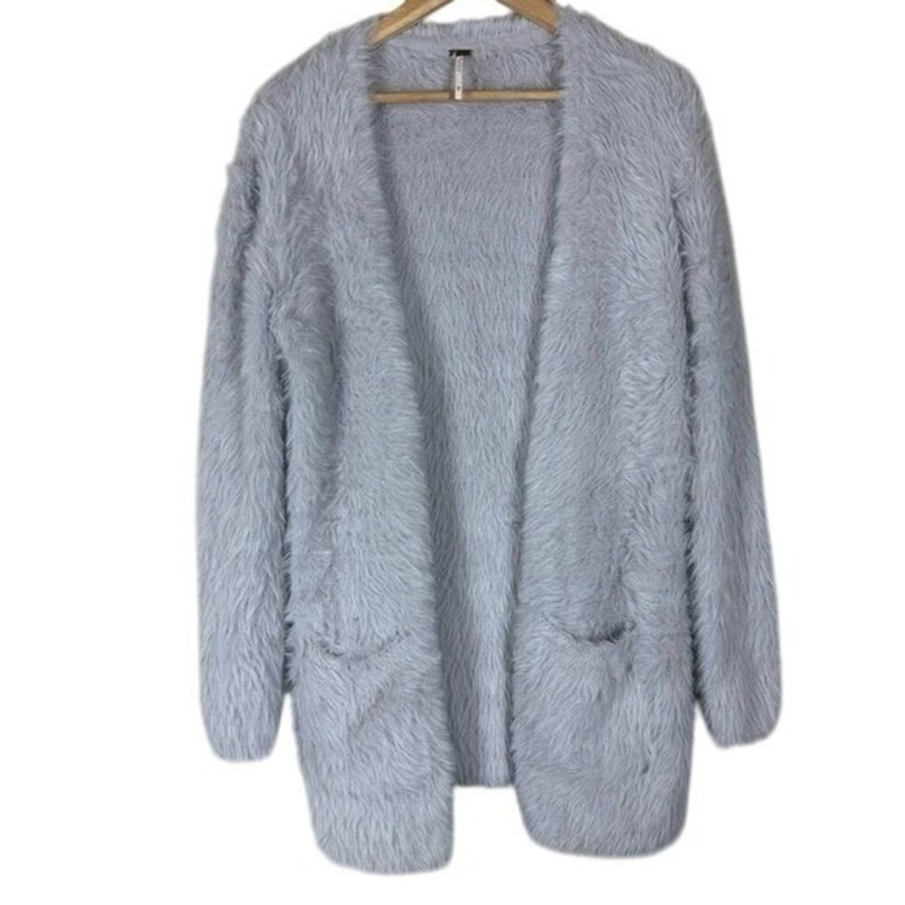 Free People Fuzzy Eyelash Knit Open Front Cardigan in Silver Cloud Cozy Size XS - Picture 2 of 5